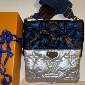 LOUIS VUITTON Maxi Multi Pochette Quilted Navy & Silver Handbag with Coin Case